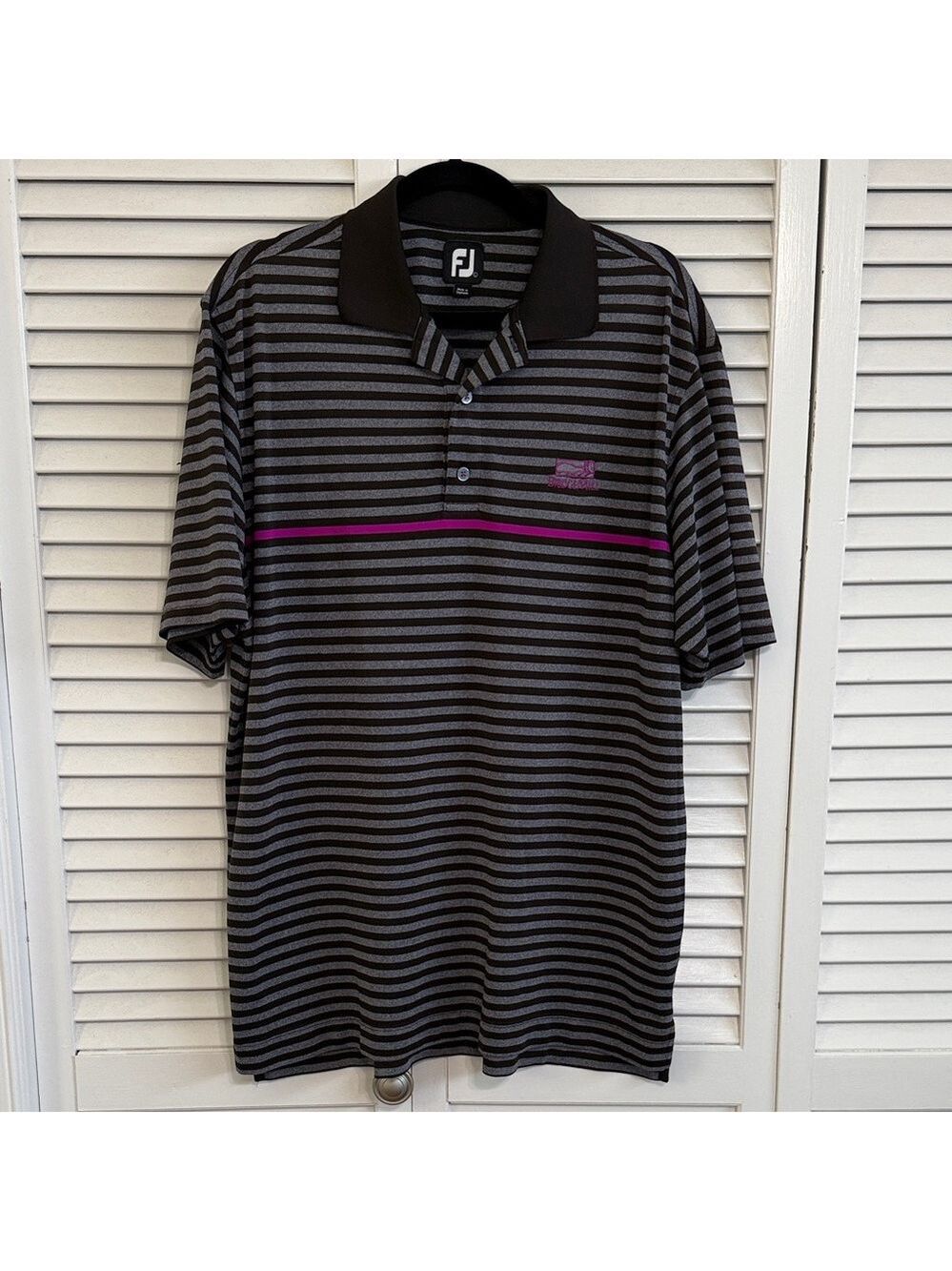 FootJoy Men’s Black & Gray Striped Polo with Purple Chest Stripe